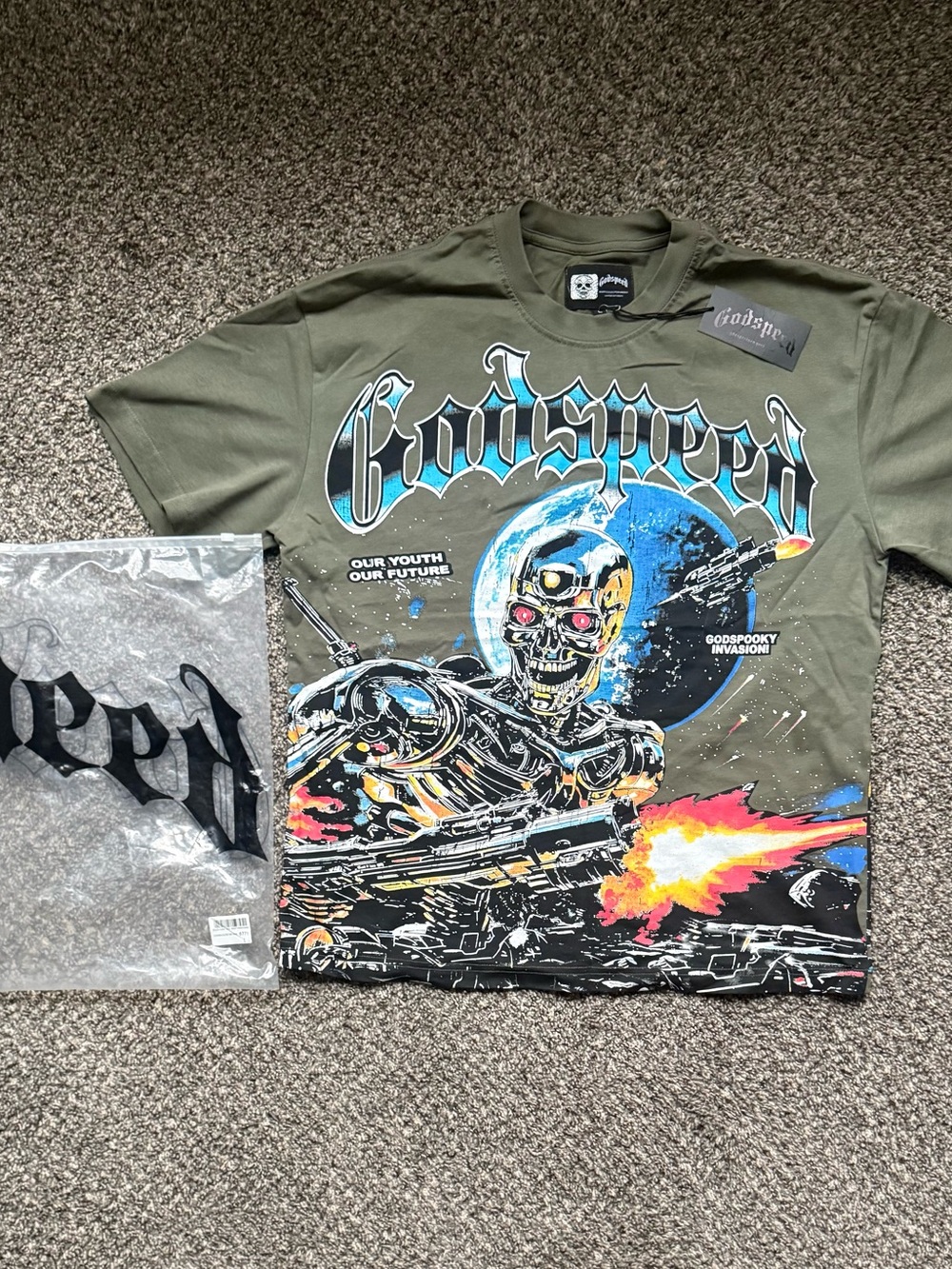 Godspeed Olive Graphic Short-Sleeve Tee with Sci-Fi Skull Print
